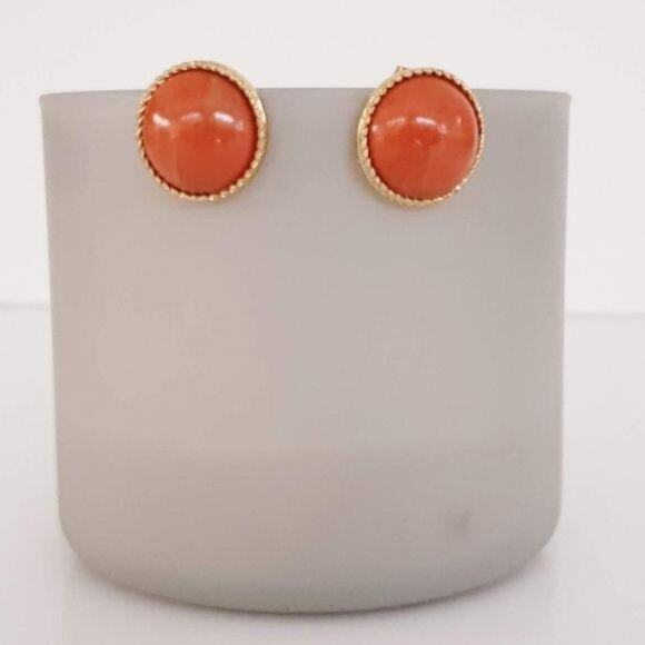 Earrings Button Stud Gold Tone Orange Vintage Look New in Package Clean smoke fr - Picture 1 of 8